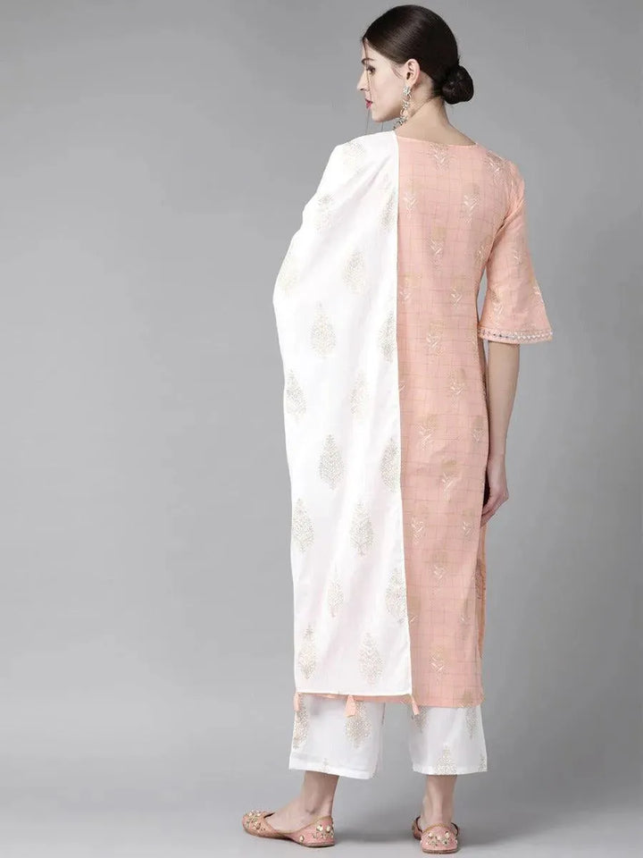 Peach Printed Cotton Suit Set - Libas