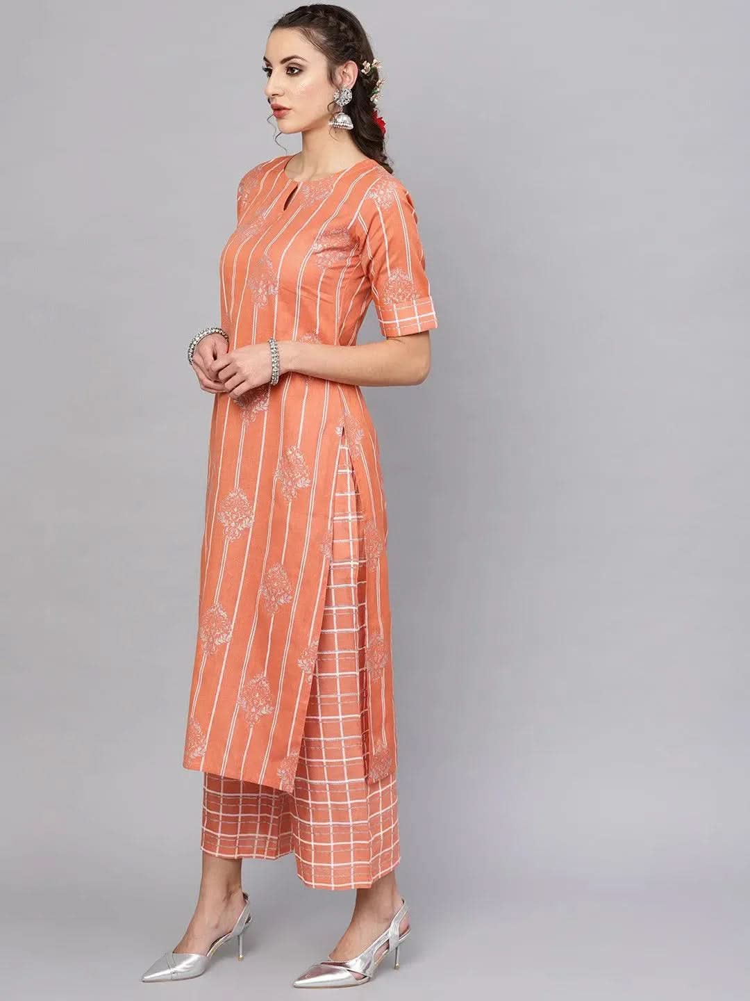 Peach Printed Cotton Kurta Set - Libas 