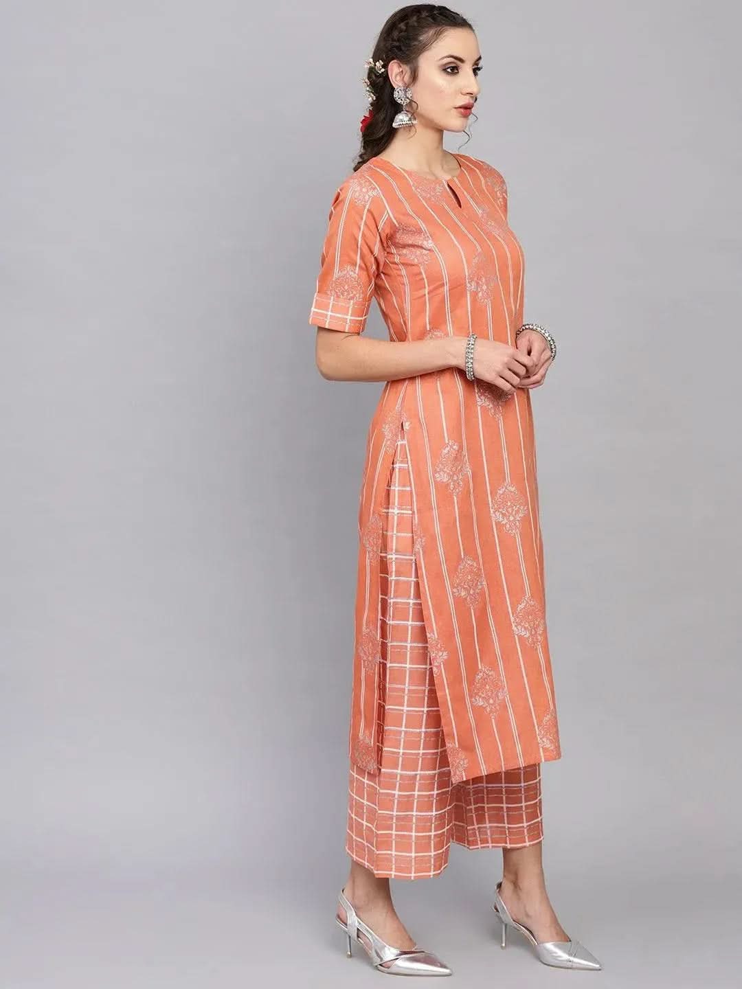 Peach Printed Cotton Kurta Set - Libas 
