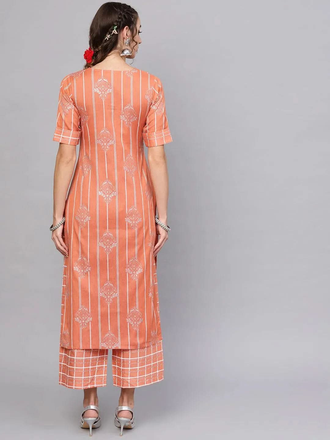 Peach Printed Cotton Kurta Set - Libas 