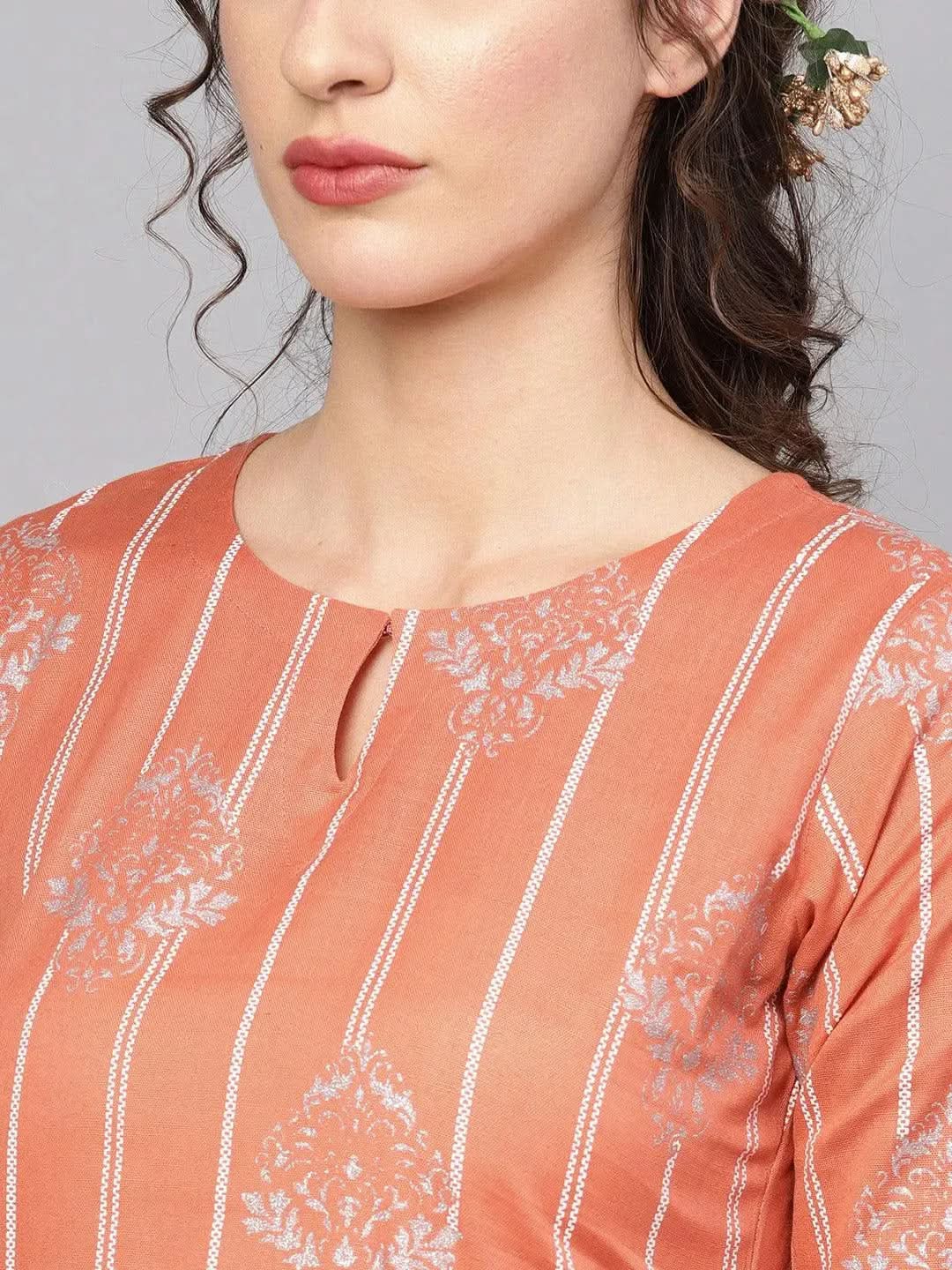 

Peach Printed Cotton Straight Kurta With Palazzos