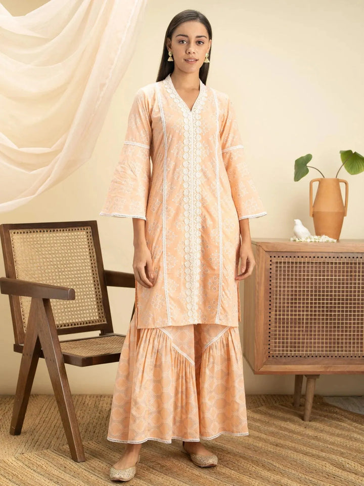 Peach Printed Cotton Straight Kurta Set - Libas