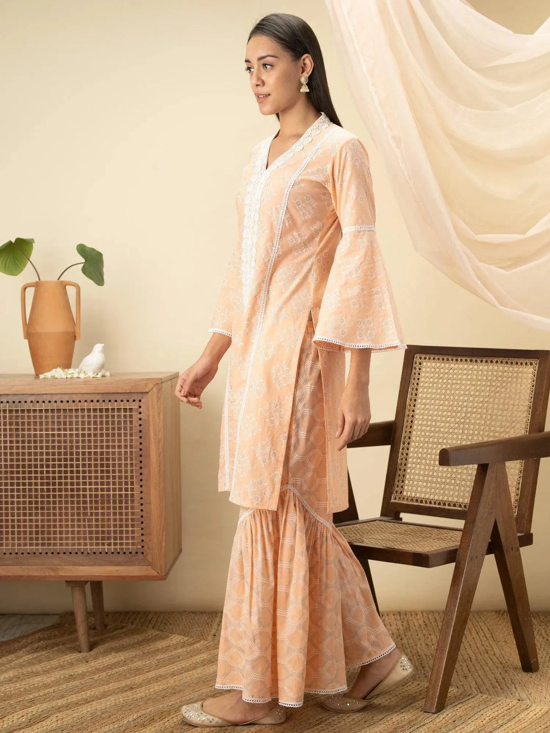 Peach Printed Cotton Straight Kurta Set - Libas