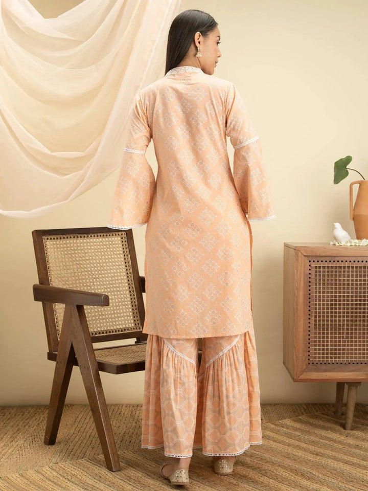 Peach Printed Cotton Straight Kurta Set - Libas