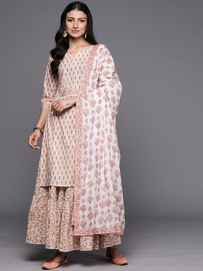 Peach Printed Cotton Straight Suit Set With Skirt - Libas