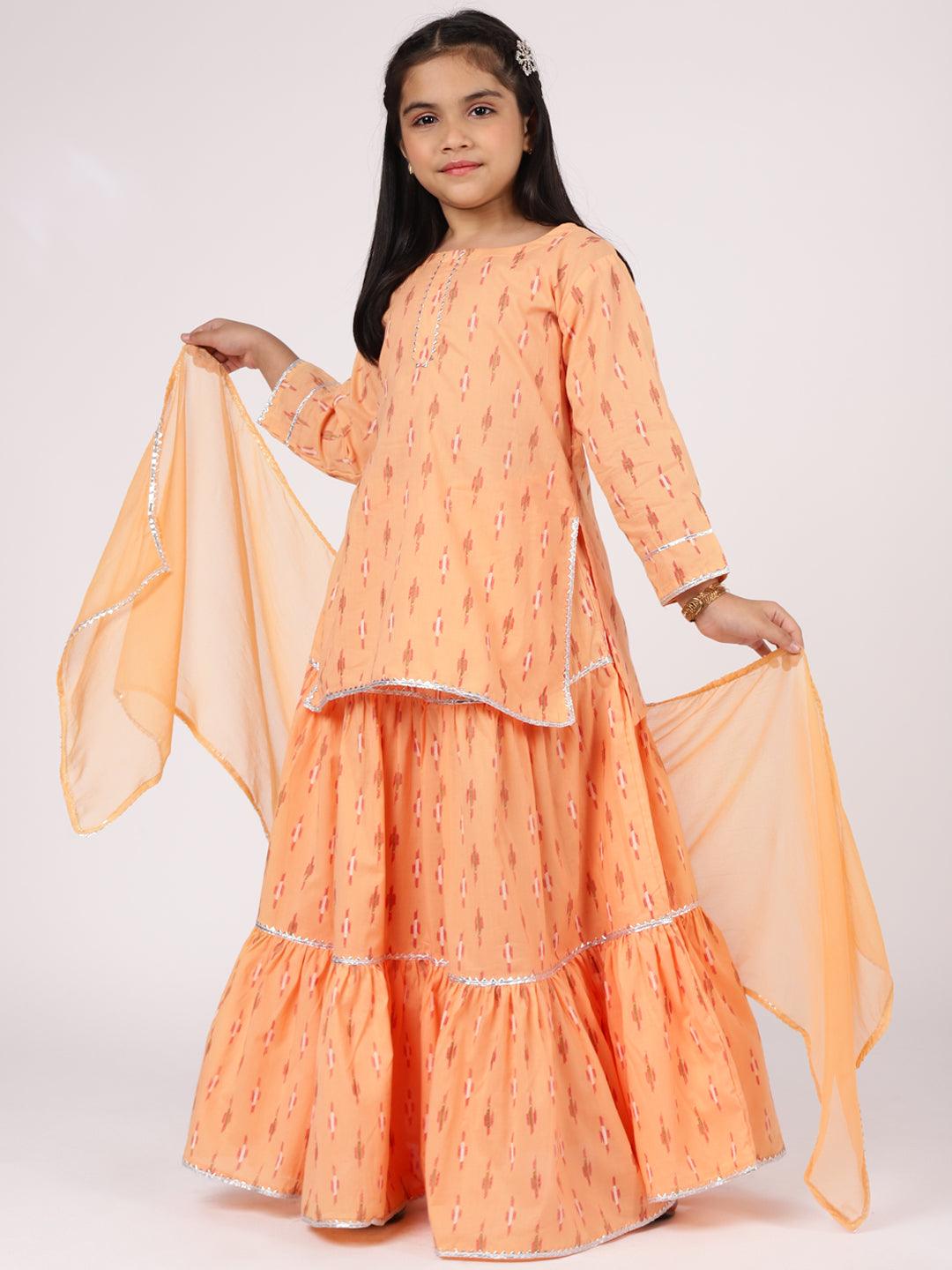 Peach Printed Cotton Straight Kurta With Skirt & Dupatta