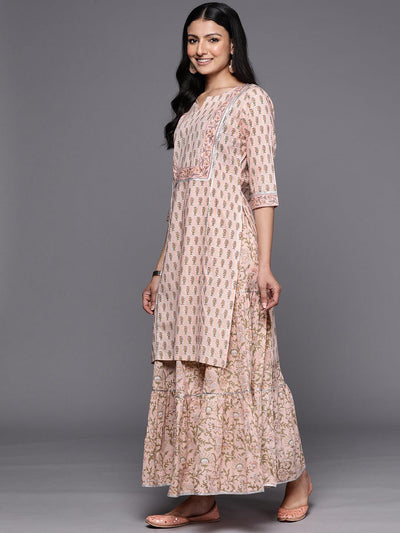 Peach Printed Cotton Straight Suit Set With Skirt - Libas