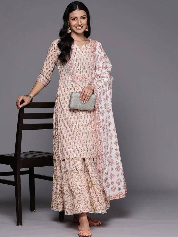 Peach Printed Cotton Straight Suit Set With Skirt - Libas