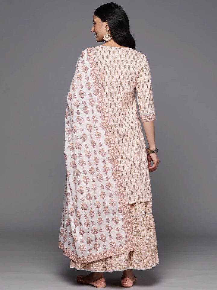 Peach Printed Cotton Straight Suit Set With Skirt - Libas