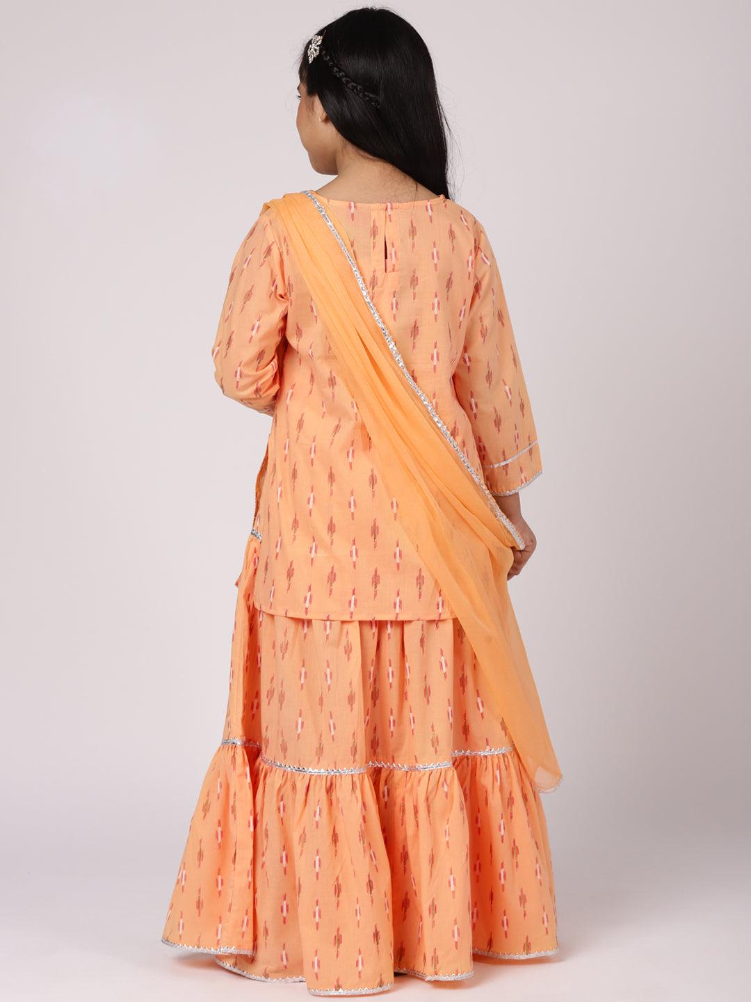 Peach Printed Cotton Straight Kurta With Skirt & Dupatta