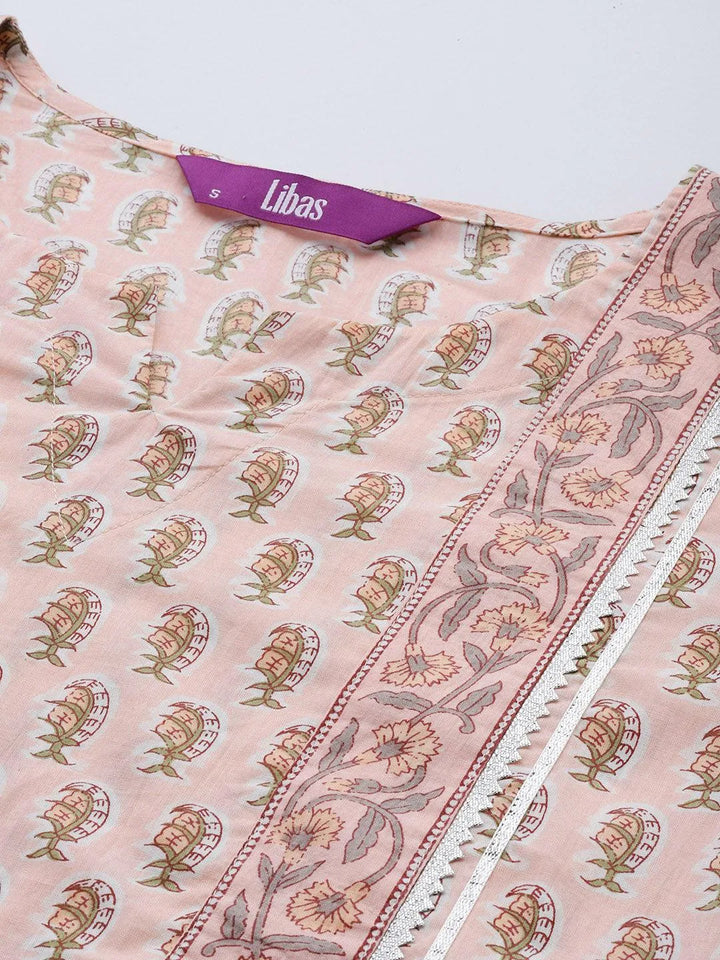 Peach Printed Cotton Straight Suit Set With Skirt - Libas