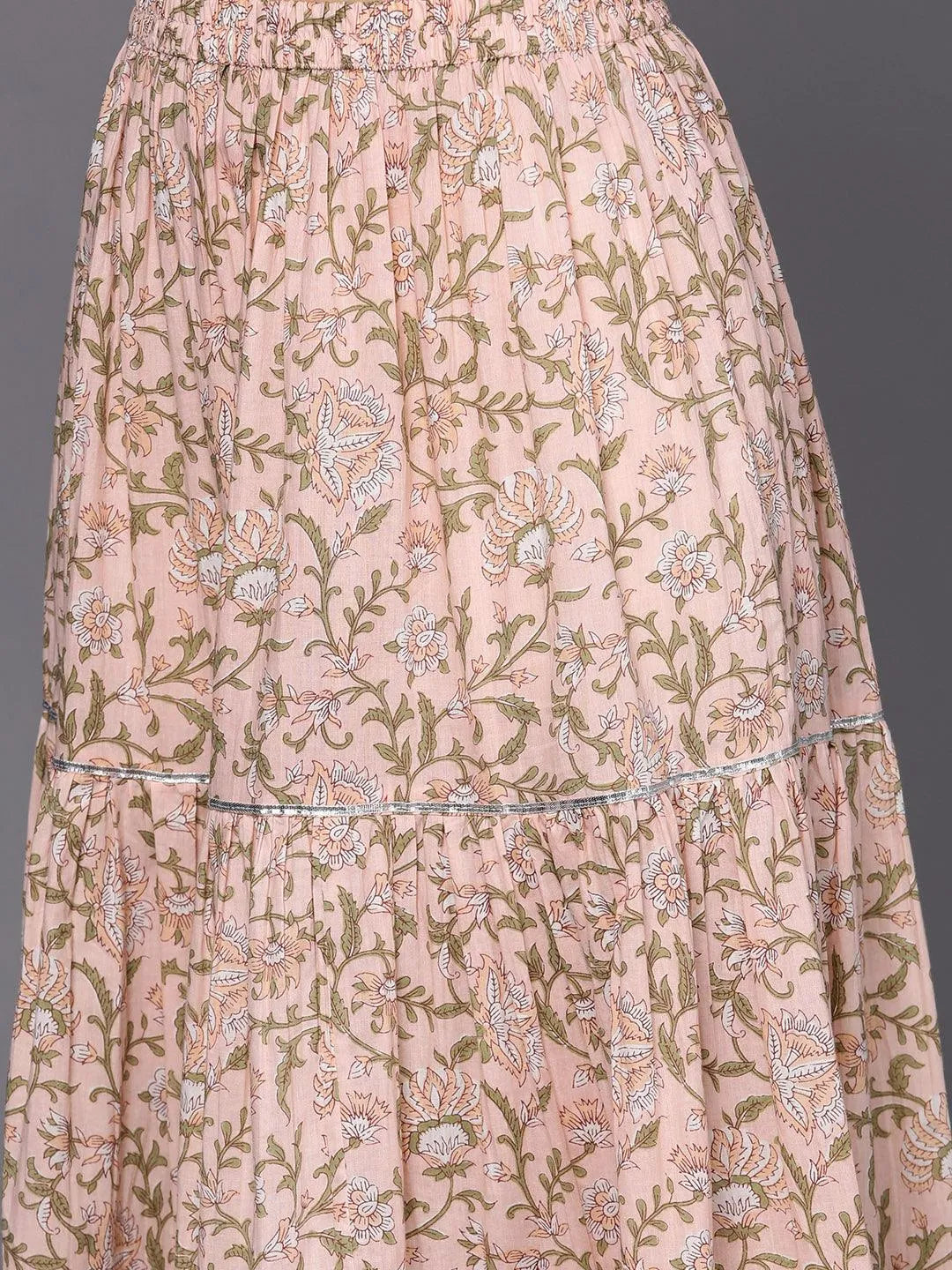 Peach Printed Cotton Straight Suit Set With Skirt - Libas 
