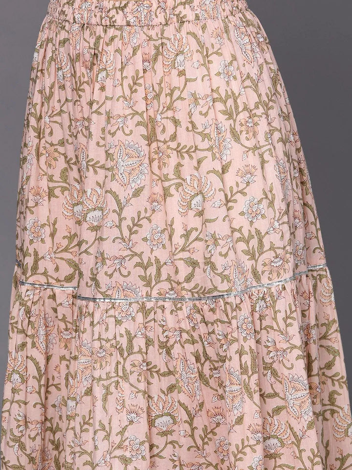 Peach Printed Cotton Straight Suit Set With Skirt - Libas