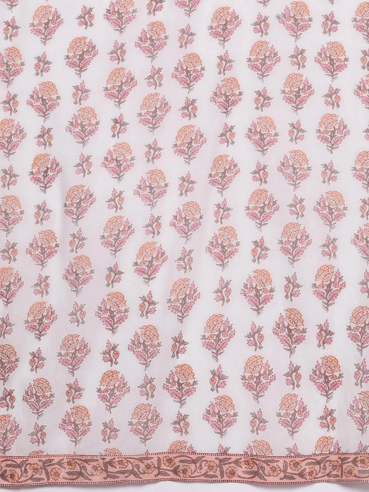 Peach Printed Cotton Straight Suit Set With Skirt - Libas