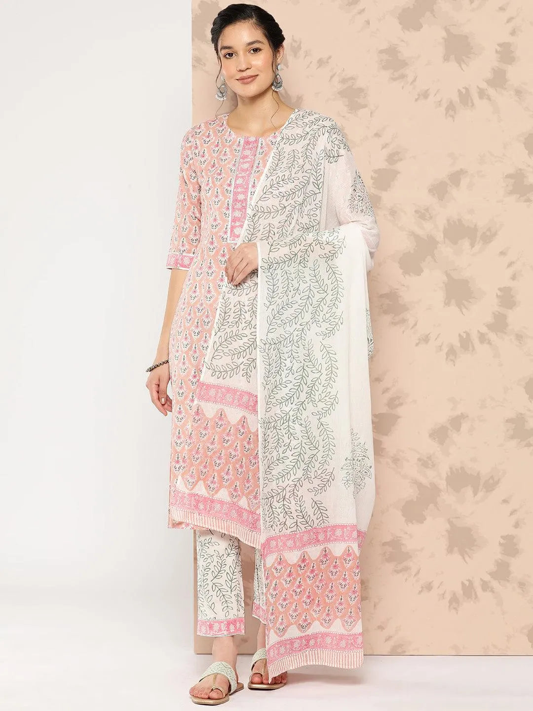 Peach Printed Cotton Straight Kurta With Trousers and Dupatta - Libas 
