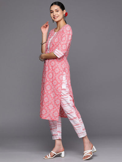 Peach Printed Cotton Straight Suit Set With Trousers - Libas