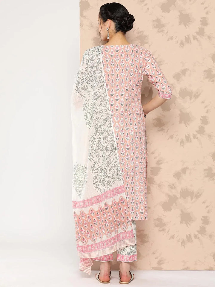 Peach Printed Cotton Straight Kurta With Trousers and Dupatta - Libas
