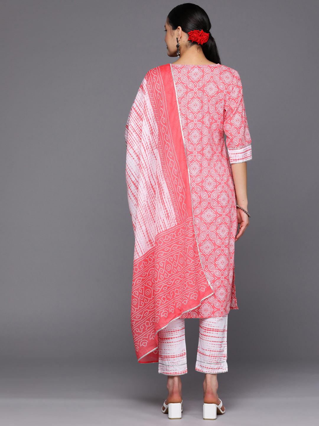 Peach Printed Cotton Straight Suit Set With Trousers - Libas