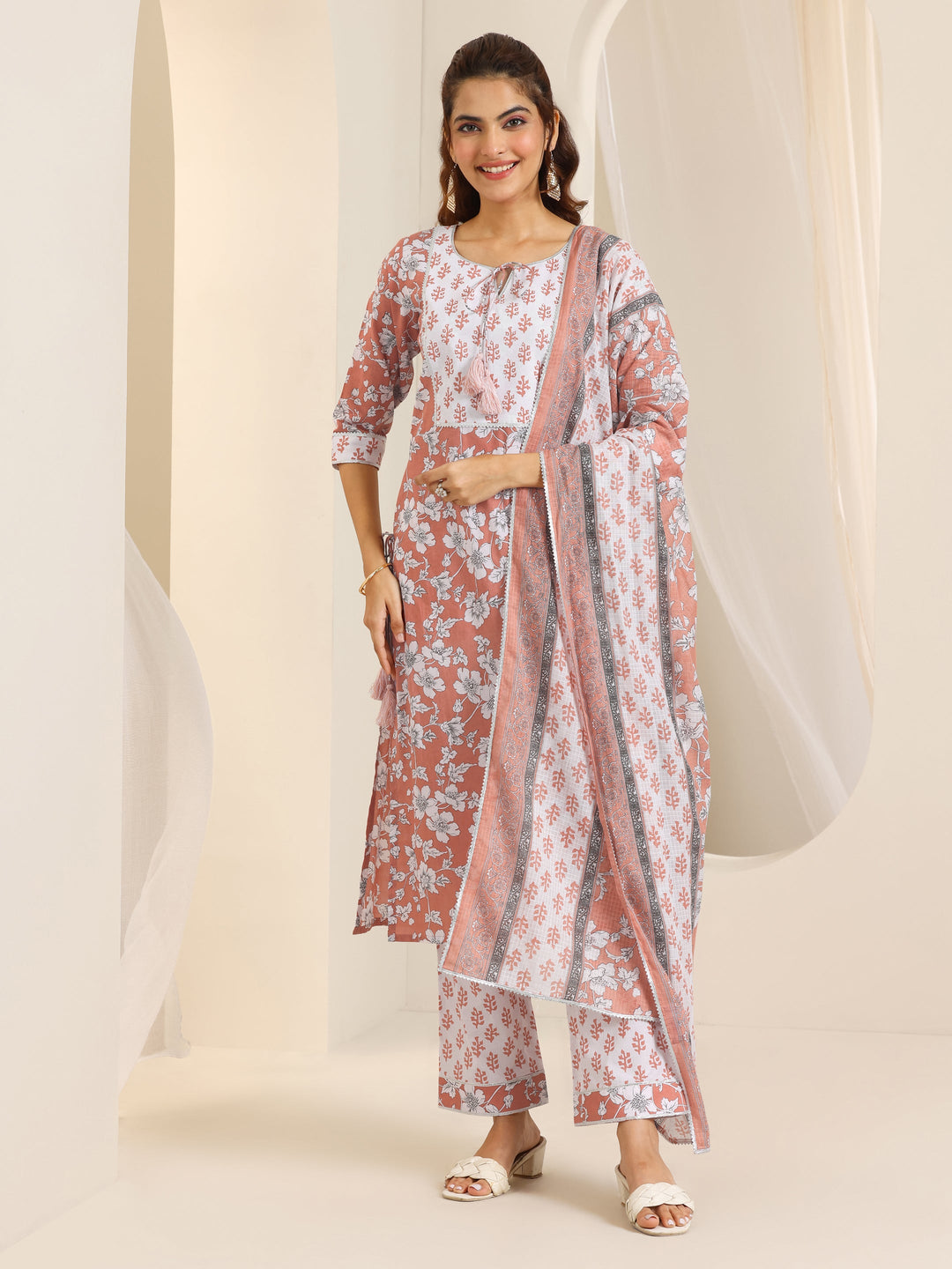  Peach Printed Cotton Straight Suit Set With Dupatta 