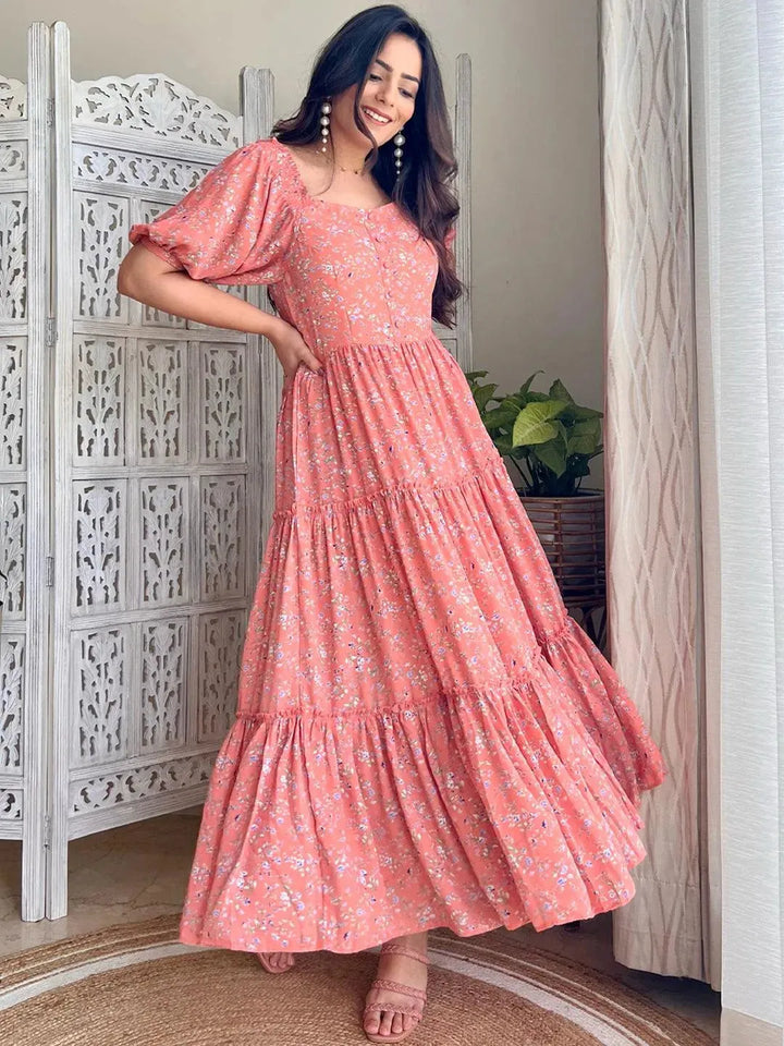 Peach Printed Georgette Dress - Libas