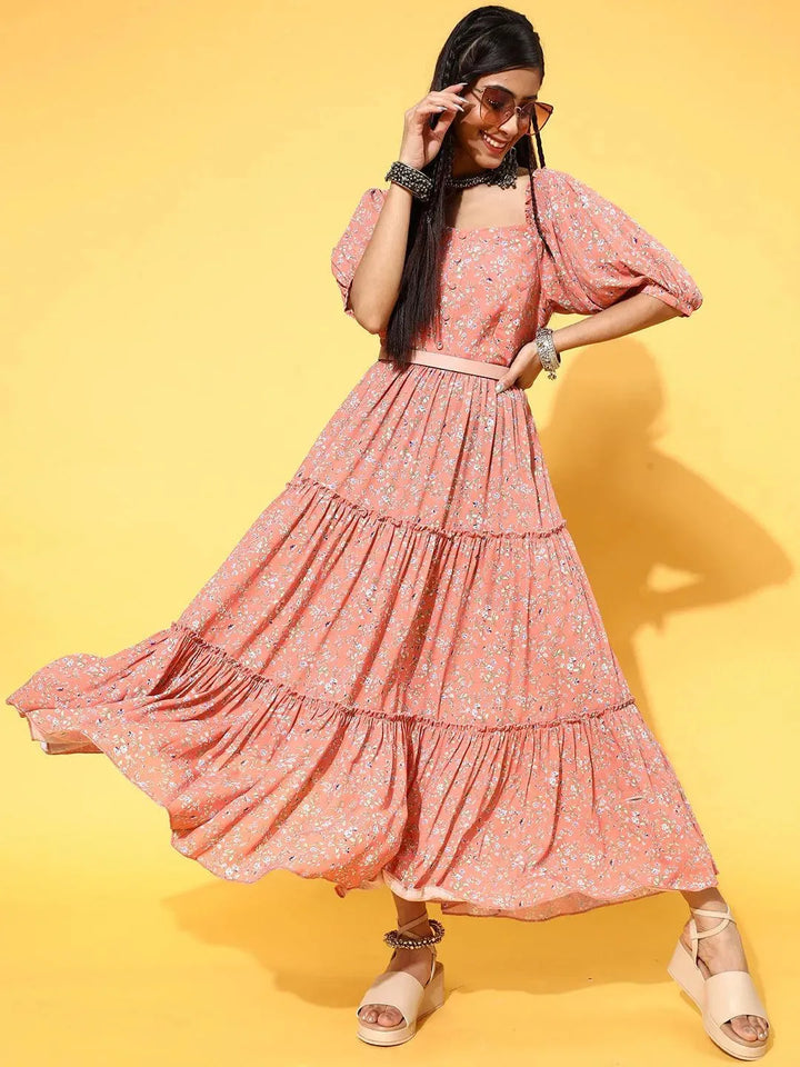 Peach Printed Georgette Dress - Libas