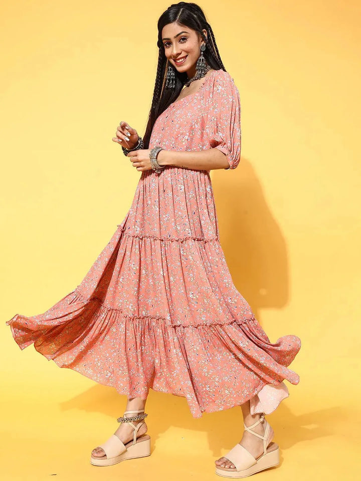 Peach Printed Georgette Dress - Libas