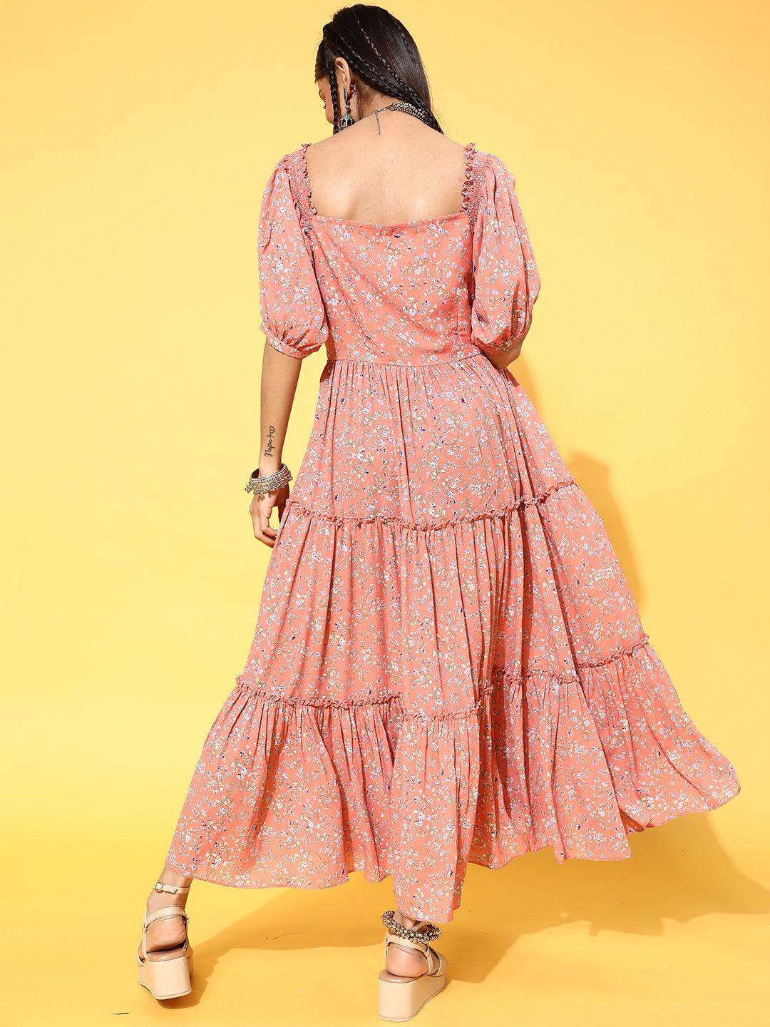 Peach Printed Georgette Dress - Libas