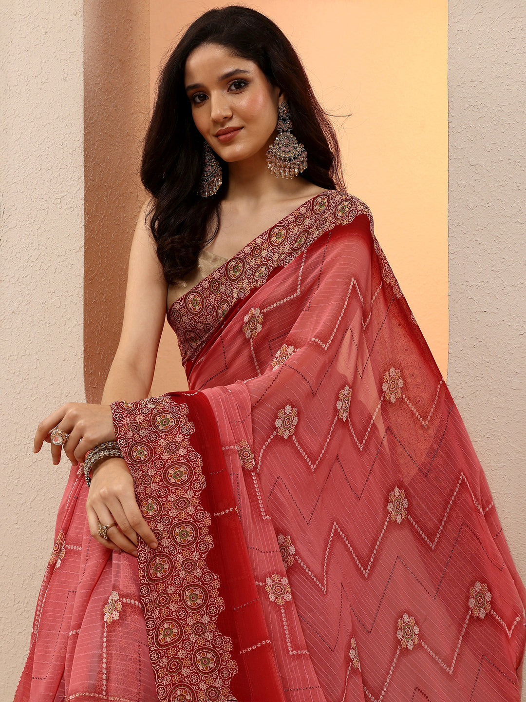 Peach Printed Georgette Saree With Unstitched Blouse Piece