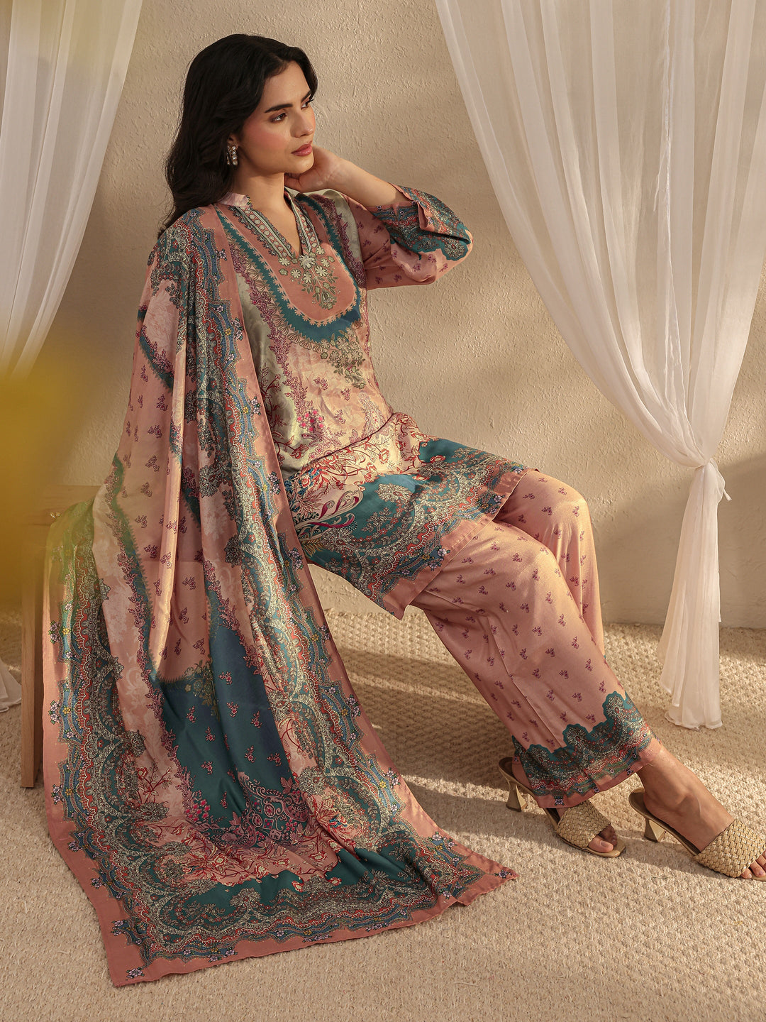  Peach Printed Muslin Straight Suit Set With Dupatta 