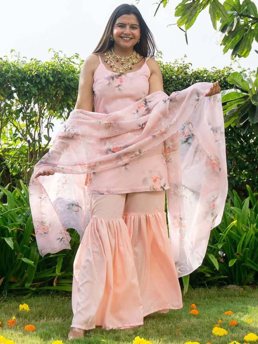 

Peach Printed Organza Straight Sharara Suit Set With Dupatta