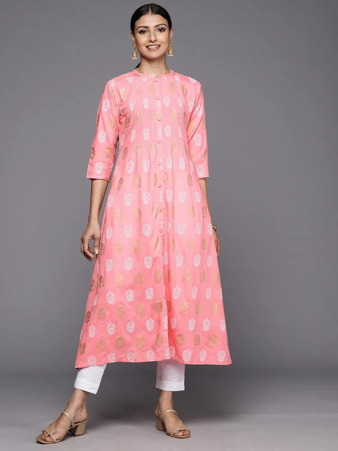 Peach Printed Rayon A-Line Kurta - Libas