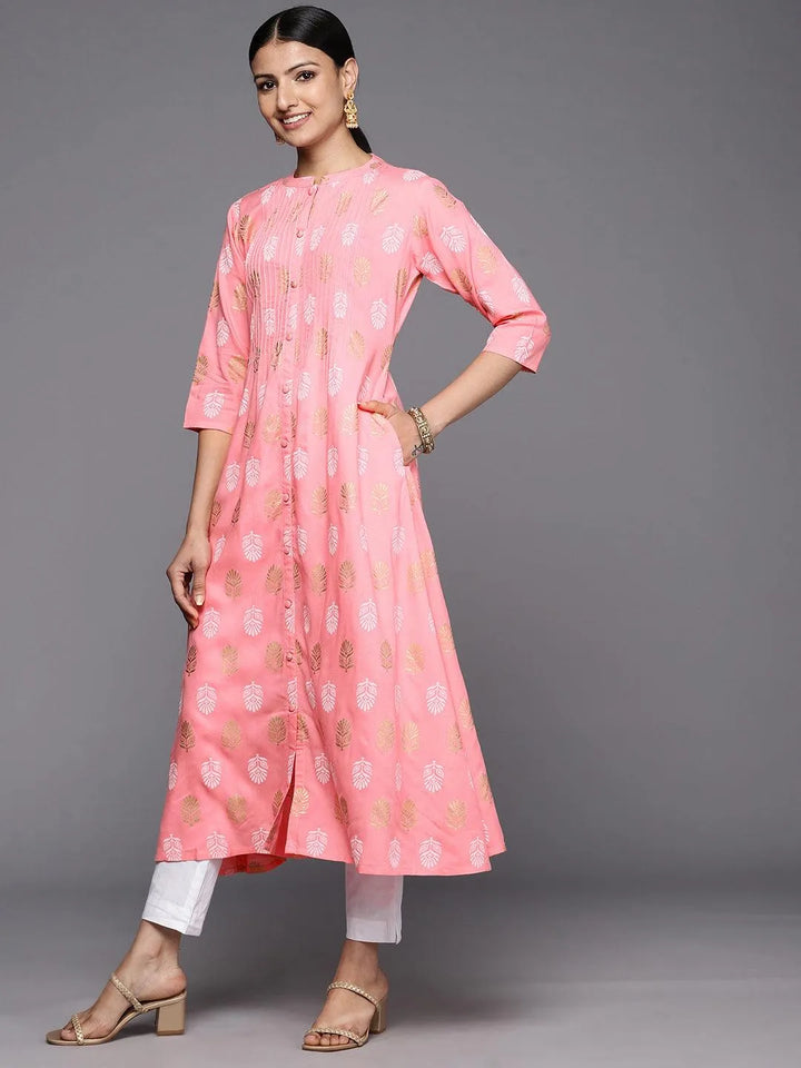 Peach Printed Rayon A-Line Kurta - Libas