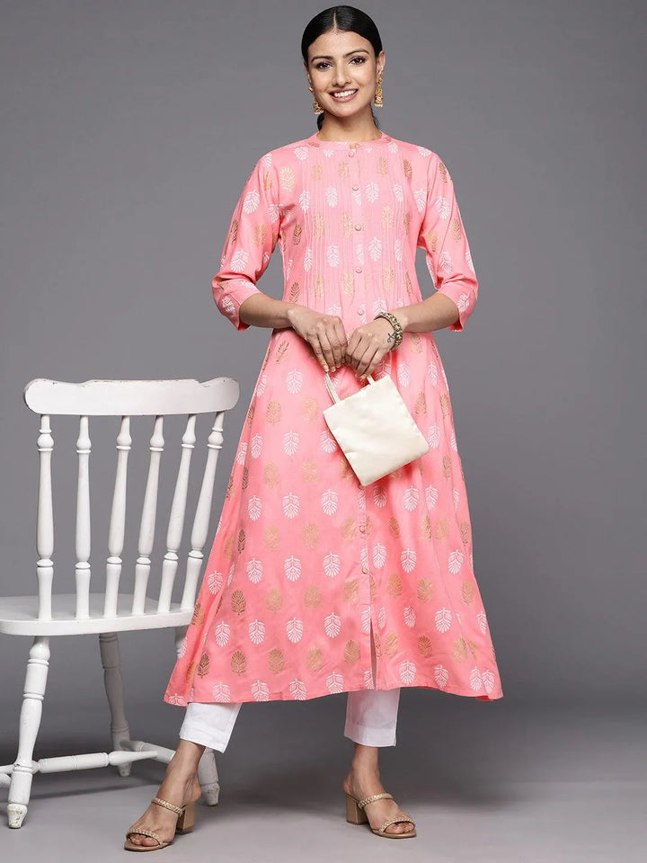 Peach Printed Rayon A-Line Kurta - Libas
