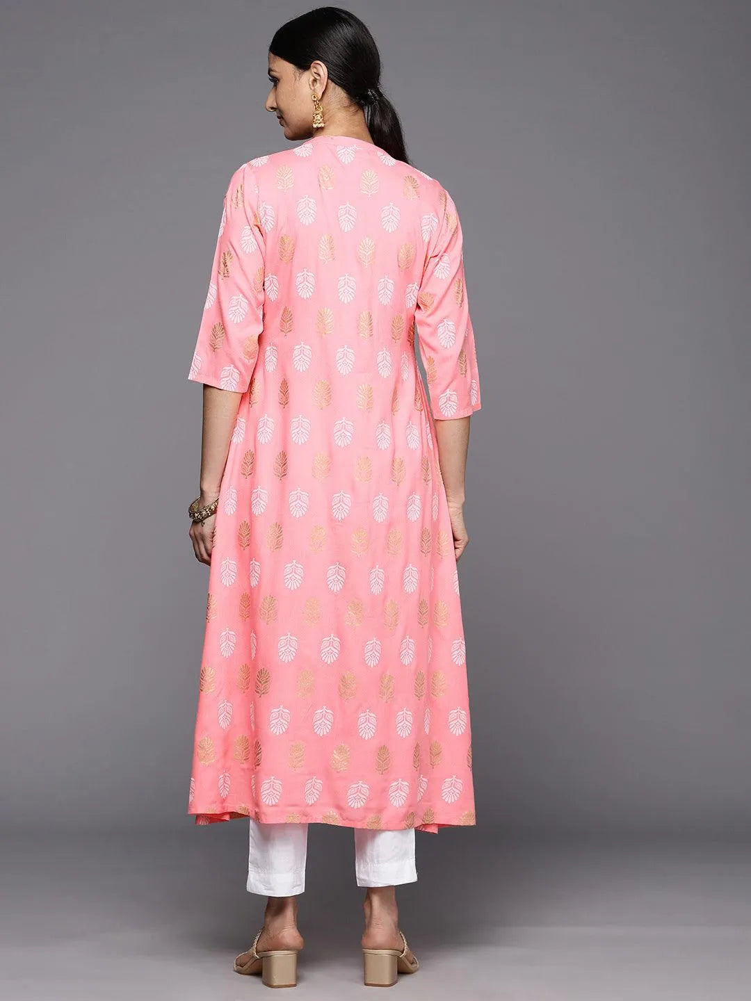 Peach Printed Rayon A-Line Kurta - Libas 