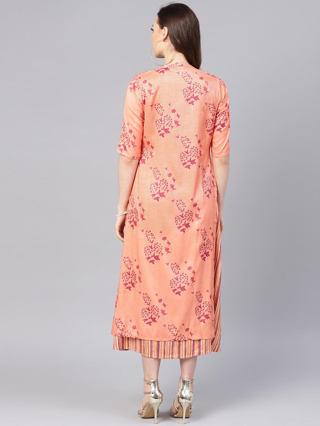Peach Printed Rayon Dress With Jacket