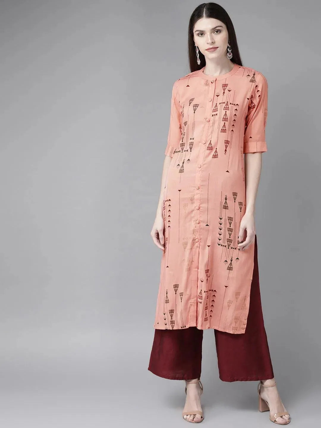 Peach Printed Rayon Kurta - Libas