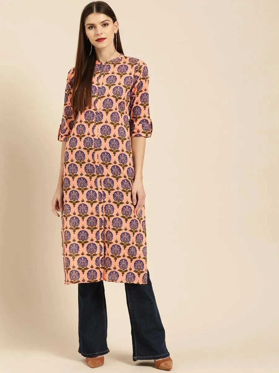 Peach Printed Rayon Kurta - Libas