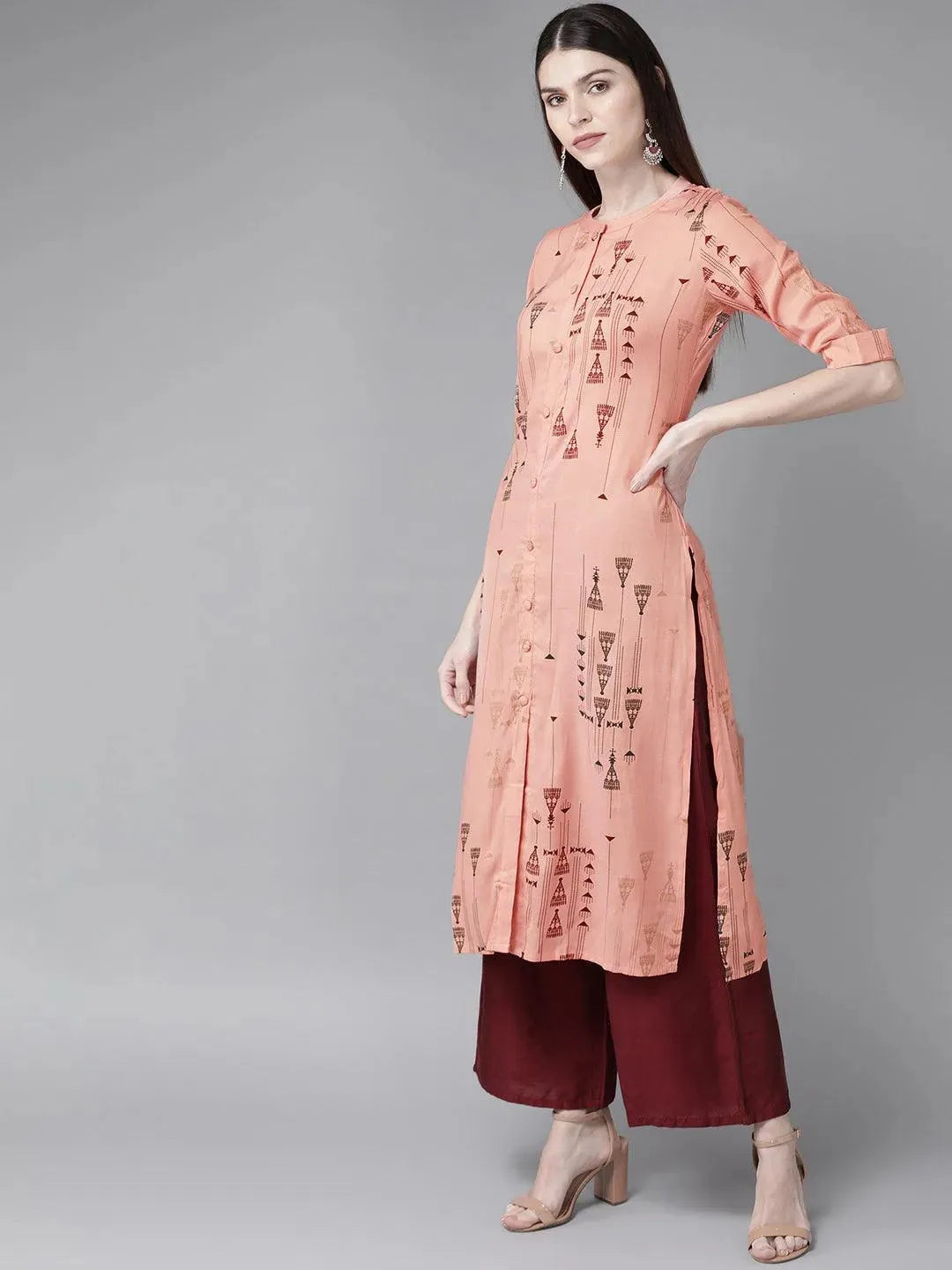 Peach Printed Rayon Kurta - Libas