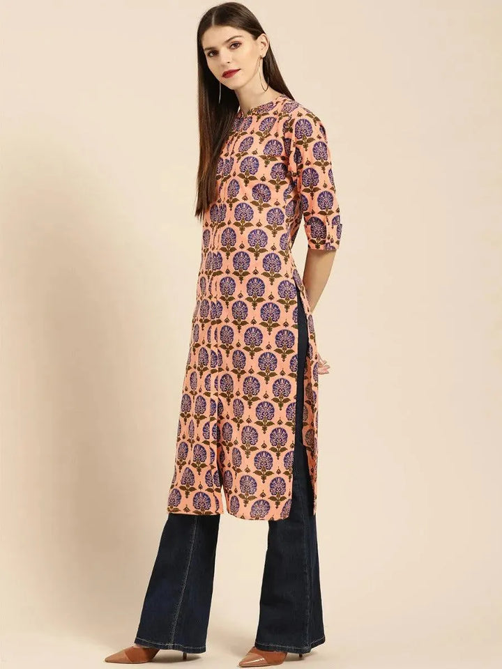 Peach Printed Rayon Kurta - Libas