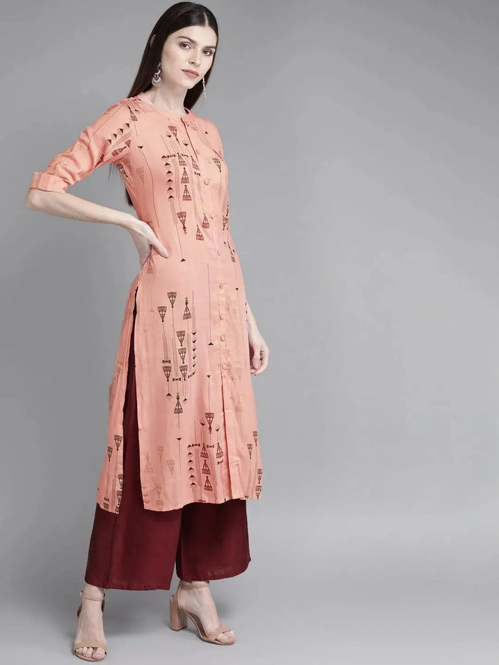 Peach Printed Rayon Kurta - Libas