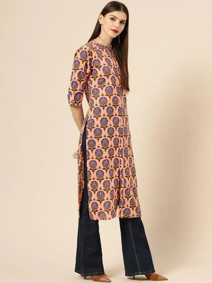 Peach Printed Rayon Kurta - Libas