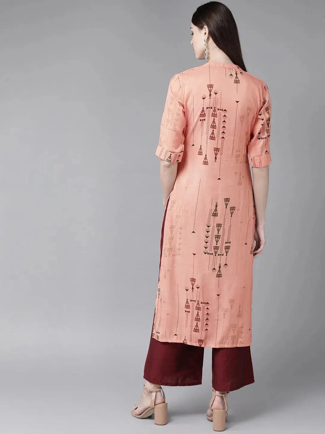 Peach Printed Rayon Kurta - Libas