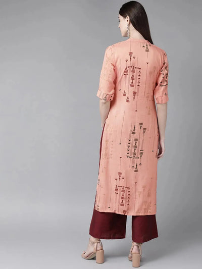 Peach Printed Rayon Kurta - Libas