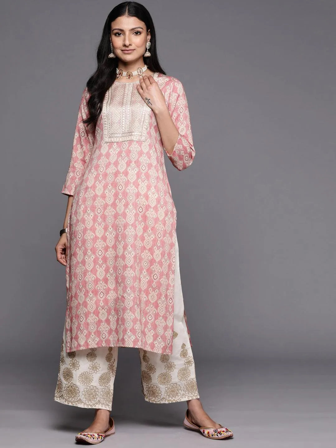 Peach Printed Rayon Straight Kurta - Libas