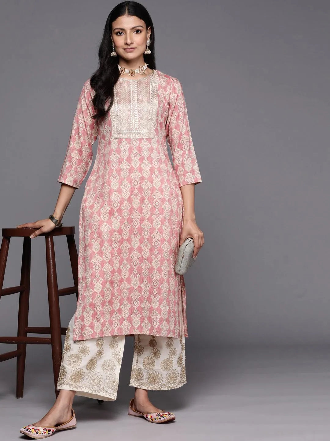 Peach Printed Rayon Straight Kurta - Libas 