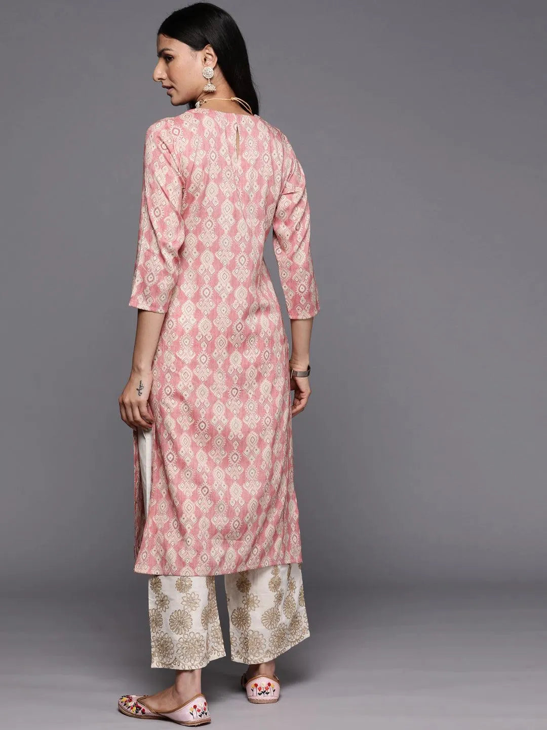 Peach Printed Rayon Straight Kurta - Libas 