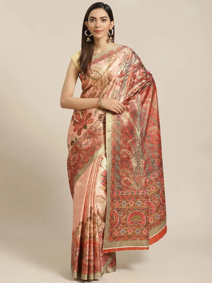 Peach Printed Satin Saree - Libas