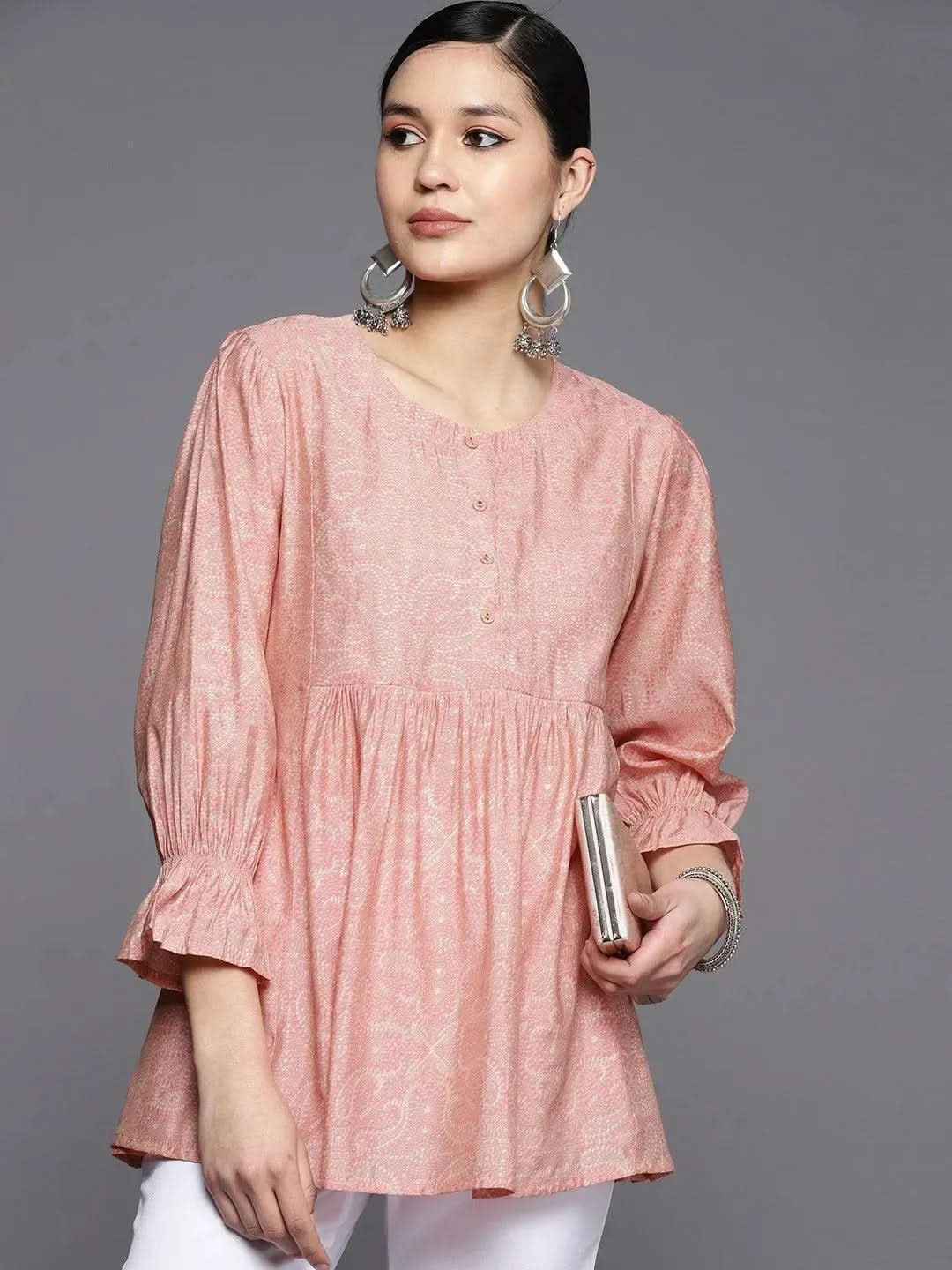 

Peach Printed Silk Blend A-Line Kurti