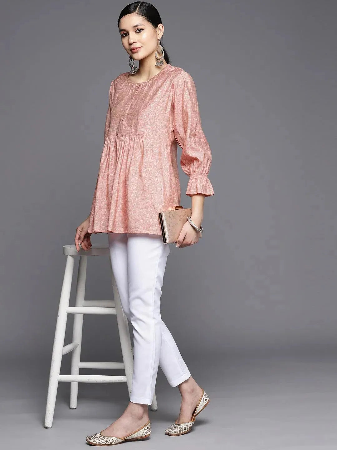 Peach Printed Silk Blend A-Line Kurti - Libas