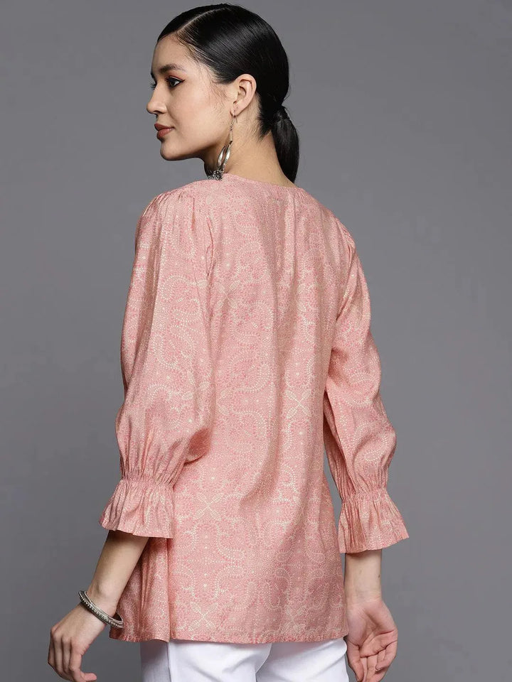 Peach Printed Silk Blend A-Line Kurti - Libas